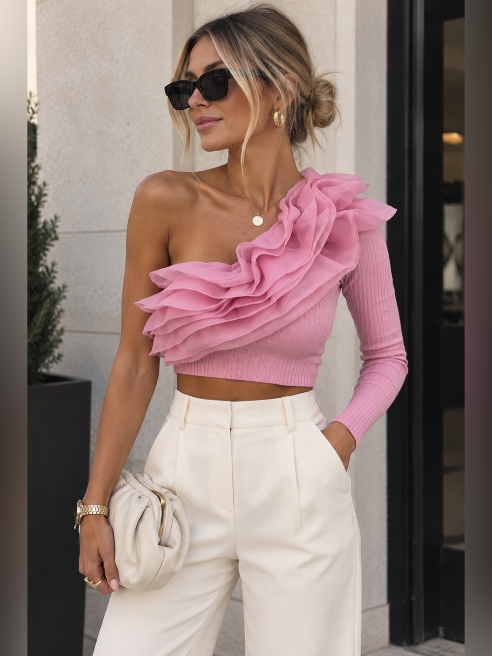 NWT Zara Pink One-Shoulder Ruffle Crop Top